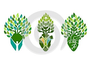 Healthy heart logo, tree people symbol, wellness heart concept design