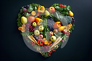 Healthy heart made of fresh fruits and vegetables on dark green background