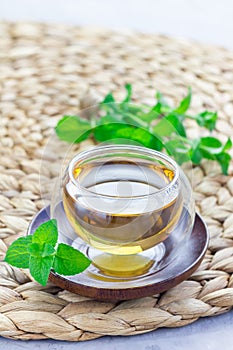 Healthy herbal mint tea in oriental cup with fresh peppermint on background, vertical