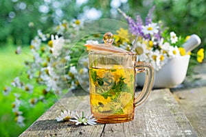 Healthy herbal tea cup, mortar of medicinal herbs and daisy healing herbs.