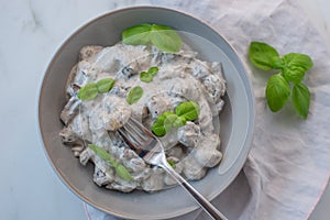 Healthy home made gnocchi with mushrooms and basil