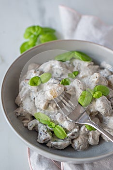 Healthy home made gnocchi with mushrooms and basil