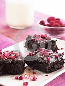 Healthy homemade brownie with crispy raspberries chips