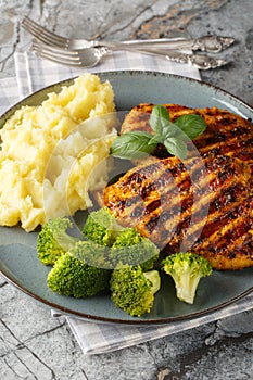 Healthy Homemade Grilled Chicken Breast and mashed potatoes with Broccoli closeup on the plate. Vertical