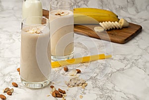 Healthy homemade nutritional smoothie with banana,oat and almond.Healthy breakfast