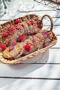 Healthy homemade strawberries biscuits from oat flakes laid