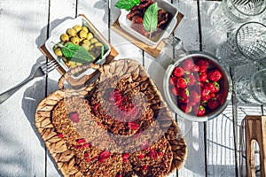 Healthy homemade strawberries biscuits from oat flakes laid