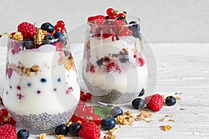 Healthy homemade yogurt parfait with granola, oats, berries and chia seeds in glasses