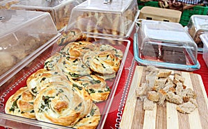 Healthy hot baked snacks with spinach and bread