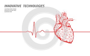 Healthy human heart beats 3d medicine model low poly. Triangle connected dots glow point red background. Pulse internal