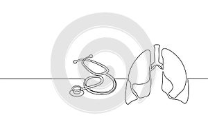 Healthy human lungs medicine single continuous line art. Online doctor World Tuberculosis day modern technology