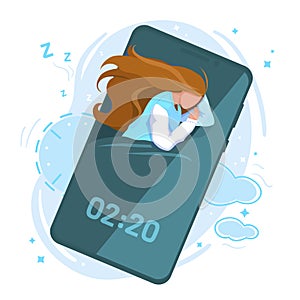 Healthy human sleep cycle stages vector flat illustration, white background. Girl sleeping with smartphone. Concept