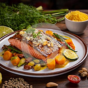 Healthy ifestyle. Concept of tasty and balanced diet. Delicious salmon dish with vegetables