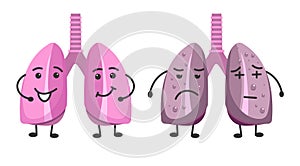 Healthy and ill lungs isolated icons, organs with happy and sad face