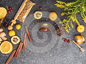 healthy ingredients as lemon, cinnamon, ginger, cydonia, honey, berries chamomile flowers, propolis to prevent cold
