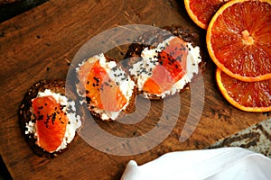 Healthy Italian breakfast with blood orange and ricotta sandwich