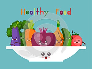 Healthy joyful food cartoon vegetables character isolated on blue vector illustration. Cheerful carrot cucumber onion