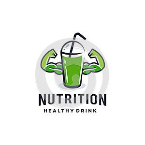 Healthy juice logo ,energy drink with cup, straw and strong muscle icon label, healthy protein diet drink logo illustration mascot