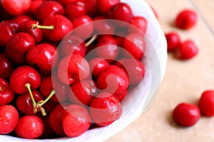 Healthy, juicy, fresh, organic cherries in fruit bowl close up. Cherries in background.