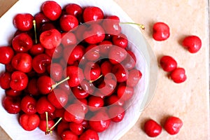 Healthy, juicy, fresh, organic cherries in fruit bowl close up. Cherries in background.