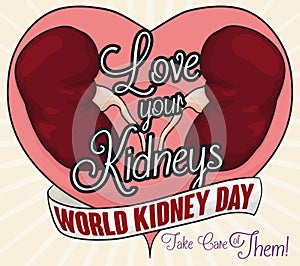Healthy Kidneys and Greeting Message of Love and Renal Care, Vector Illustration