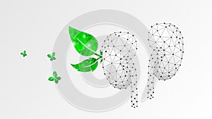 Healthy Kidneys, human organ with green leaves and butterfly. Adult body anatomy, health biology. Low poly, wireframe 3d vector