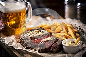 Healthy lean grilled medium-rare steak with french fries, beer