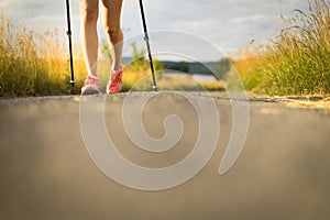 Healthy legs of a pretty, young woman walking outside