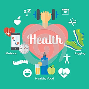 Healthy life concept flat icons of jogging, gym, healthy food, metrics.