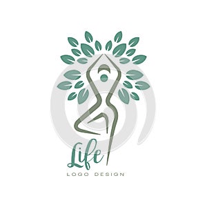 Healthy life emblem with abstract human silhouette and leaves. Harmony with nature. Original flat vector logo for yoga