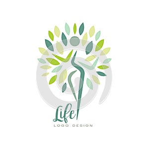 Healthy life logo design with abstract silhouette of human and green leaves. Harmony with nature. Flat vector emblem for