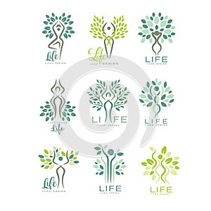 Healthy life logo for wellness center, spa salon or yoga studio. Harmony with nature. Set of flat vector emblems with