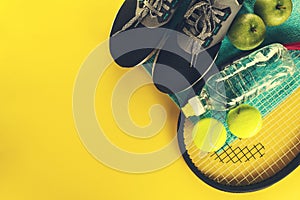 Healthy Life Sport Concept. Sneakers with Tennis Balls, Towel an