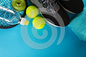 Healthy Life Sport Concept. Sneakers with Tennis Balls, Towel an