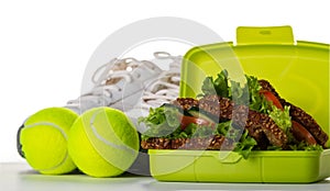 Healthy Life Sport Concept. Sneakers with Tennis Balls, Towel, A