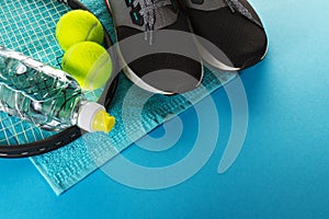 Healthy Life Sport Concept. Sneakers with Tennis Balls, Towel an