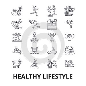 Healthy lifestyle, active living, natural food, healthcare, wellness, exercise line icons. Editable strokes. Flat design