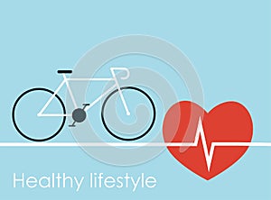Healthy lifestyle, cicle and big red heart with cardiogram