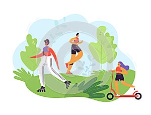 Healthy Lifestyle Concept. Active People Exercising in Park. Man Running, Woman Roller Skating, Girl Riding Pushscooter