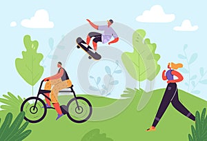 Healthy Lifestyle Concept. Active People Exercising in Park. Woman Running, Girl Riding Bicycle, Man Skateboarding