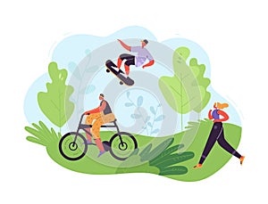 Healthy Lifestyle Concept. Active People Exercising in Park. Woman Running, Girl Riding Bicycle, Man Skateboarding