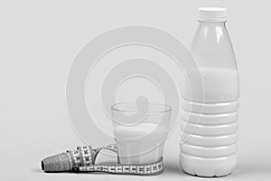 Healthy lifestyle concept. Bottle and glass of milk with tape on cyan background