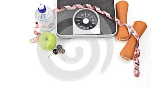 Healthy lifestyle concept with diet and fitness on white background