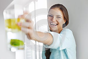 Healthy Lifestyle Concept, Diet And Fitness. Woman Drinking Water With Lemon , Lime And Mint