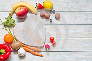 Healthy lifestyle concept diet and nutrition with fruits and vegetables on the heart abstract background