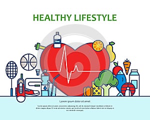 Healthy lifestyle concept with food and sport icons. Natural life vector background with heart shape. Phisycal activity