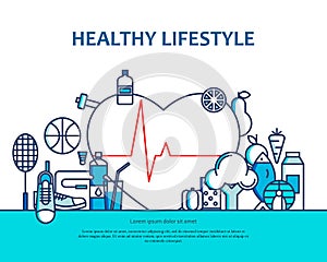 Healthy lifestyle concept with food and sport icons. Natural life vector background with heart shape. Physical activity
