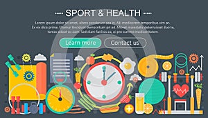 Healthy lifestyle concept with food and sport icons. Sport and fitness flat concept infographics header template design