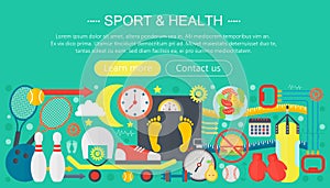 Healthy lifestyle concept with food and sport icons. Sport and fitness flat concept infographics template header design