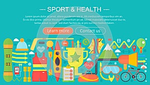 Healthy lifestyle concept with food and sport icons. Sport and fitness flat concept infographics template header design